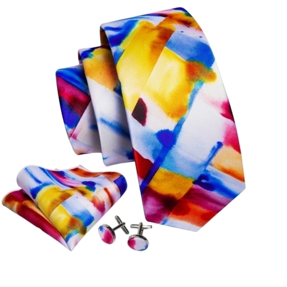 NWT Barry Wang 3pcs Tie set, 100 % silk necktie,cufflinks ,pocket square - Picture 5 of 16